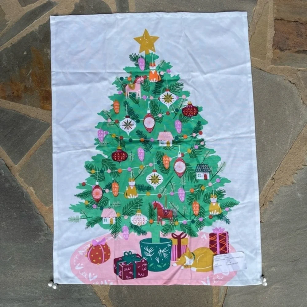 Anthropologie- Decorated Christmas Tree With Bells Dish Towel